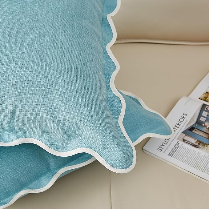 Scalloped Pillow Covers Set of 2 for Living Room | Spring Decorative Sofa Couch Pillows | Boho Sytle Decorative Home | Aesthetic Funky Preppy Pillow Cases (Blue, 16x16 Inch)