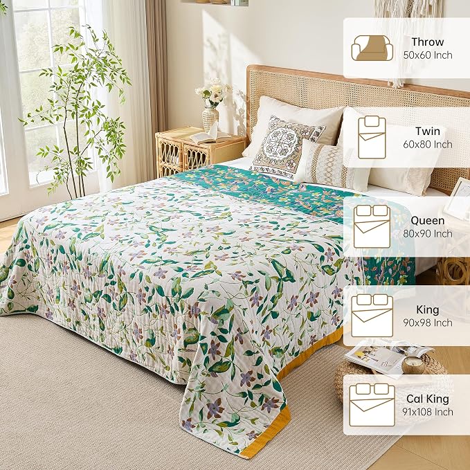 VANJOROY Boho Throw Blanket, 100% Organic Cotton Breathable Skin-Friendly Ultra Soft 60" x 80" Bed Quilt Throw - Floral Rustic Decor Luxury Reversible Blanket for Sofa Couch Chair and Gift,