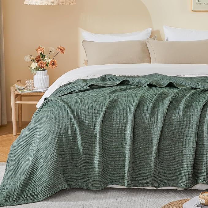 EMME Cotton Muslin Twin XL Blanket Breathable Gauze Soft Lightweight Blankets Adults Gifts for Women (Heather Forest Green, 66"x90")