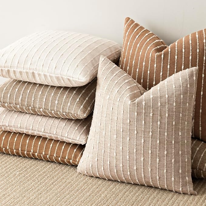 Foindtower Pack of 2 Decorative Jacquard Boucle Throw Pillow Covers Accent Textured Striped Pillowcases Soft Boho Modern Cushion for Couch Sofa Bedroom Living Room Home Decor 22x22 Inch Cream White