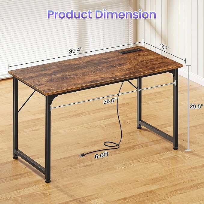 PRAISUN 40 X 20 Inch Computer Desk, Power Outlets, USB-C, Rustic Brown | Office Desk with 4 AC Outlets, USB & USB-C, Sturdy Metal Frame, Spacious Desktop for Work, Writing, Study & Gaming