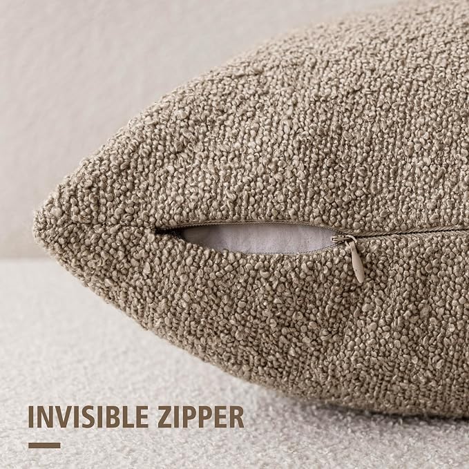 Foindtower Set of 2, Decorative Textured Boucle Throw Pillow Covers Accent Solid Pillow Cases Neutral Cozy Couch Cushion Case for Chair Sofa Bedroom Living Room Home Decor 24x24 Inch Light Khaki Tan