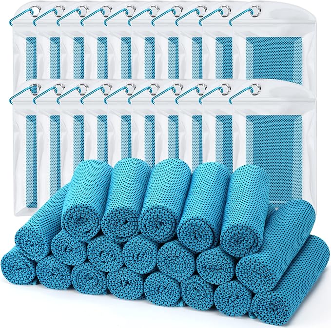 Biange Cooling Towel (Pack of 20, 40"x12") with Pouches for Sports, Workout, Fitness, Gym, Yoga, Golf, Pilates, Travel, Camping & More