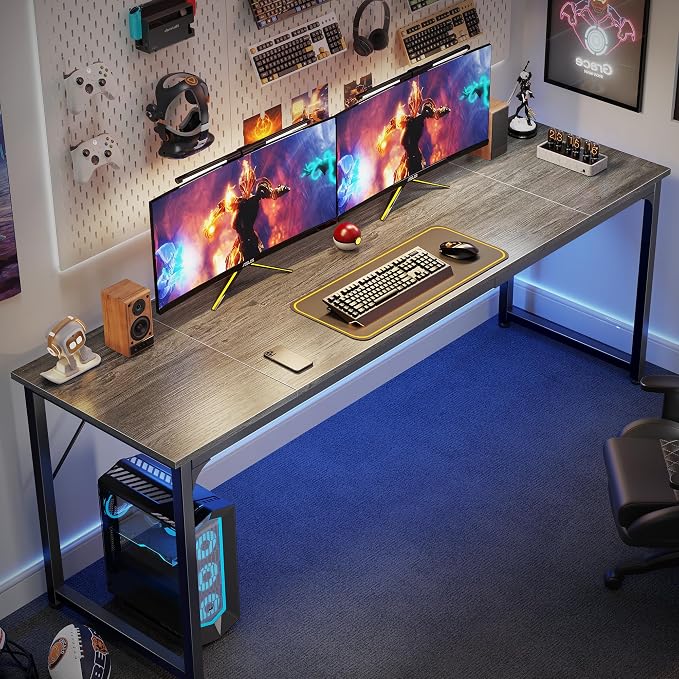 Huuger Computer Desk, 80 Inch Office Desk, Gaming Desk with Storage, Writing Desk Work Desk for Home Office, Study, Long Simple Desk, Large Legroom, Metal Frame, Grey