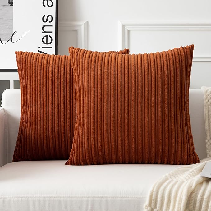 UGASA Fall Velvet 20x20 Inch Soft Throw Pillow Covers Decorative Corduroy Striped Both Sides Solid Square Cushion Cases Boho Farmhouse for Couch Bedroom Sofa Home, Pack of 2, Burnt Orange