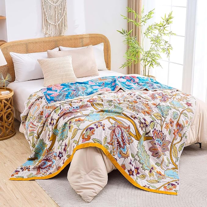 XIBLC Boho Throw Blanket for Bed, 100% Cotton Soft Rustic Quilt Fall Blanket, 50"x60" Floral Printed Farmhouse Decor Bed Blankets, All Season Rustic Reversible Bohemian Throw Quilt