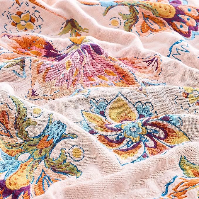 XIBLC Boho Throw Blanket for Bed, 100% Cotton Soft Rustic Quilt Fall Blanket, 50"x60" Floral Printed Farmhouse Decor Bed Blankets, All Season Rustic Reversible Bohemian Throw Quilt