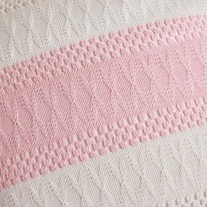 2pk Boho Pillow Covers 16x16, Natural White/Contrast/Light Pink | 100% Organic Cotton Body, Stripe Embroidery, Farmhouse Decorative Cushion Covers for Sofa Bed Living Room Home Decor
