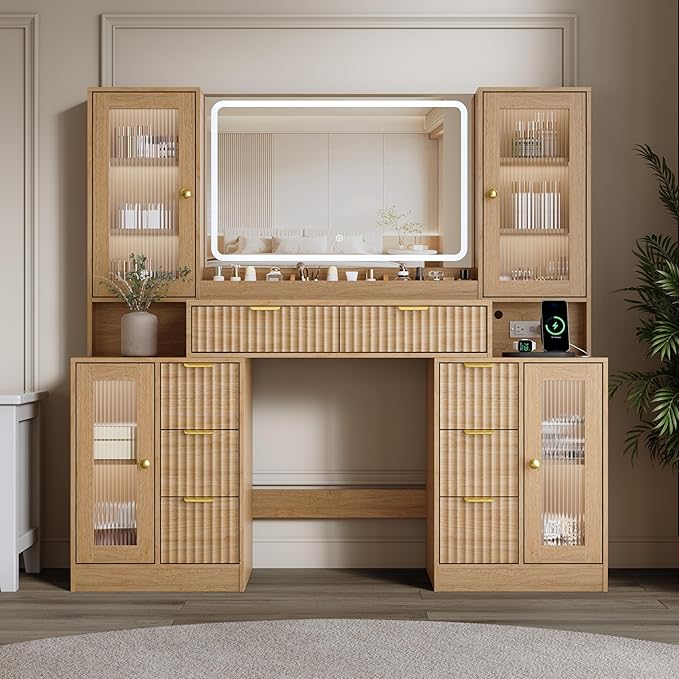55" Vanity Desk with Mirror & Lights, Fluted Makeup Vanity with 8 Drawers & 4 Cabinets, Tempered Glass Top, RGB Cabinet Lighting, 3-Color Dimmable Mirror, and Charging Station (Natural Oak)