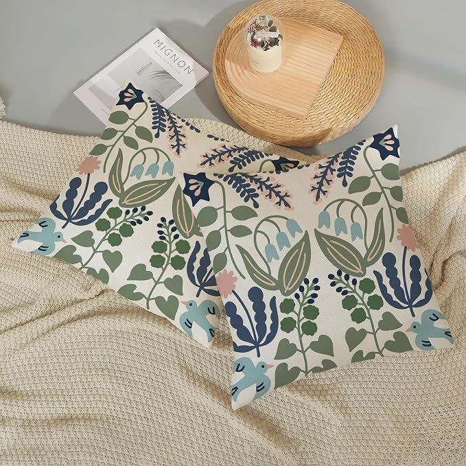 Boho Navy Blue Green Flower Pillow Covers 20x20 Inch Set of 2 Sage Green Floral Throw Pillows Vintage Flower Outdoor Pillowcase Linen Seasonal Decorations Farmhouse Cushion Case for Sofa Home