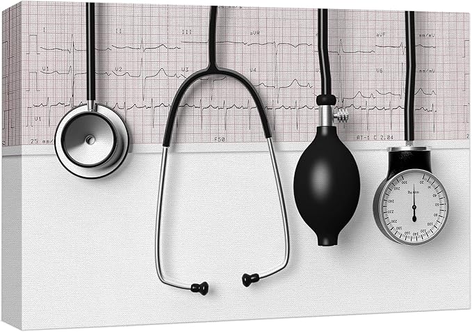 wall26 Canvas Print Wall Art Doctor Stethoscope Blood Pressure Pump Medical & Hospital Health Photography Realism Fitness Therapeutic Colorful Decorative for Living Room, Bedroom, Office - 16"x24"
