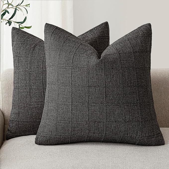 Foindtower Set of 2 Decorative Linen Check Throw Pillow Covers Neutral Farmhouse Vintage Cushion Covers Modern Boho Home Decor for Sofa Chair Couch Bedroom Living Room,20×20 Inch,Charcoal
