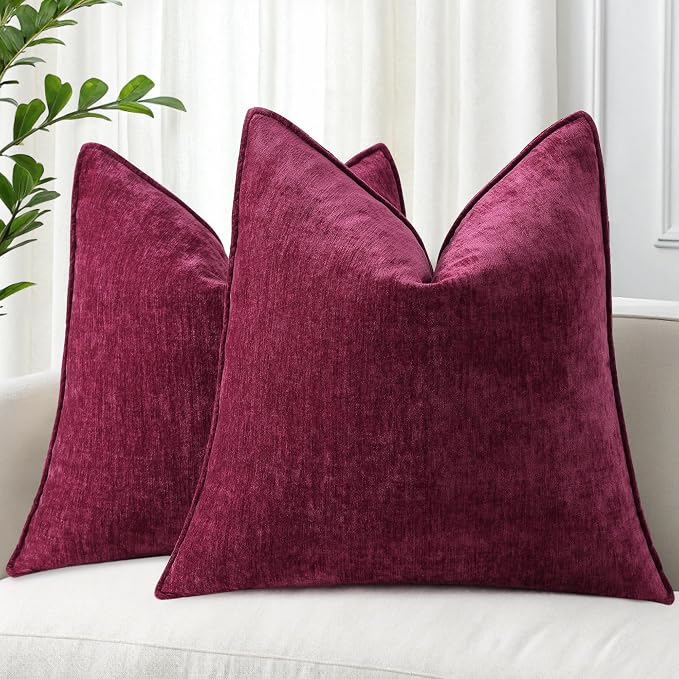 decorUhome Chenille Rhododendron Throw Pillow Covers 26x26 Set of 2 | Fall Soft Euro Sham Couch Decorative Modern Velvet Pillow Cases with Elegant Design for Sofa Bed Living Room Home Decor
