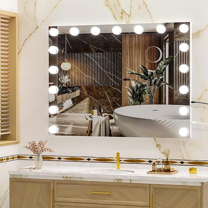 Hasipu 32" x24” Hollywood Vanity Mirror with Lights - Makeup Mirror with 17 Dimmable LED Bulbs, 10X Magnification, Touch Control, USB & Type-C Charging Port (Square White)