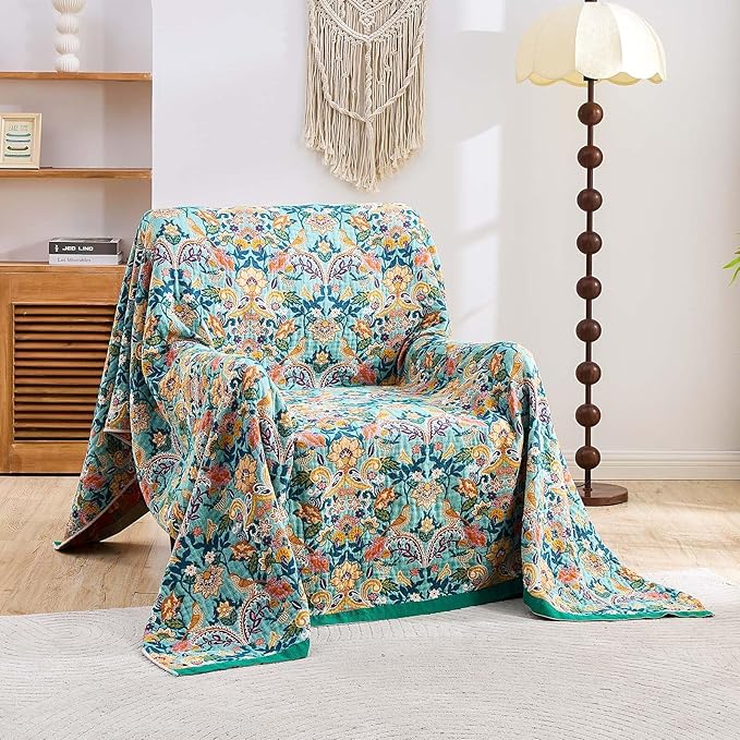 XIBLC Boho Blanket Throw Quilt, 100% Cotton Soft Light Weight Throw Blankets for Summer, 50"x60" Farmhouse Flower Decorative Blankets, All Season Rustic Reversible Bohemian Throw Quilt