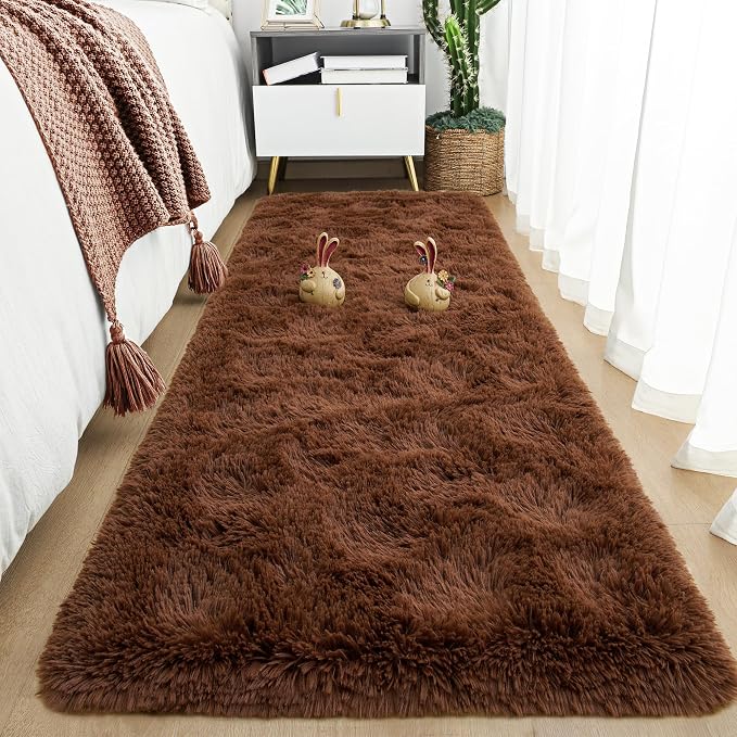 Tepook Soft Runner Rugs for Bedroom 2x6 ft with Rubber Backing, Brown Fluffy Rugs for Living Room, Shag Bedside Rug Fuzzy Plush Carpet for Room, Area Rug for Dorm Nursery Hallway Indoor Home Decor