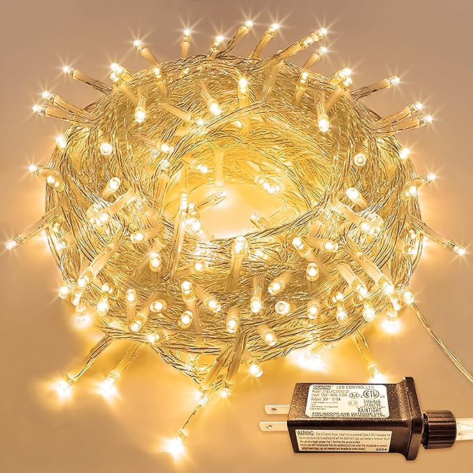 JMEXSUSS Warm White Christmas Lights for Bedroom, 300 LED String Lights Indoor Outdoor Waterproof Clear Wire, 8 Modes Fairy String Lights Plug in for Christmas Tree Bedroom Holiday Christmas Decor