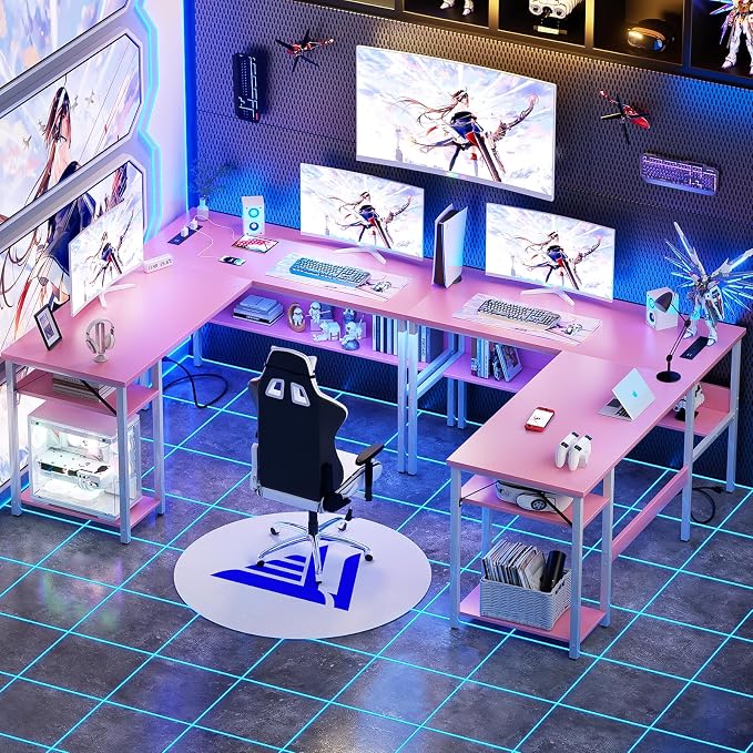 Unikito Reversible L Shaped Desk with Magic Power Outlets and USB Charging Ports, Sturdy Corner Computer Desk with Storage Shelves, Gaming Table Home Office Desk, Easy to Assemble, Pink
