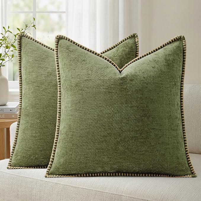 a moment Pack of 2 Decorative Chenille Throw Pillow Covers with Twill Cushion Covers for Sofa Living Room Couch Bed 24x24 Inch,Crafted Border Moss Green
