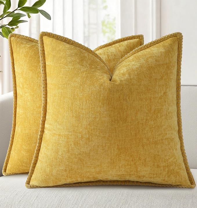 decorUhome Soft Chenille Throw Pillow Covers 16x16 Set of 2 Mineral Yellow | Fall Textured Decorative Throw Pillow Cases Stitched Edge Modern Farmhouse Luxury Boho Velvet for Couch Sofa Bed Home Decor