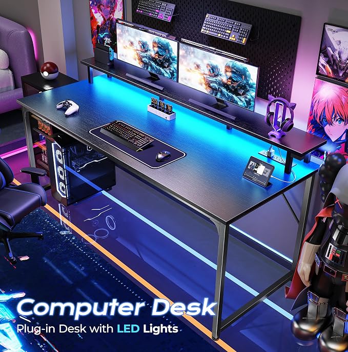 PRAISUN 55 inch Gaming Desk, LED & Power Outlets, Monitor Stand, Black | Sturdy PC Desk for Home Office, Study & Work, LED Lights, 4 AC Outlets & USB-C Charging Station