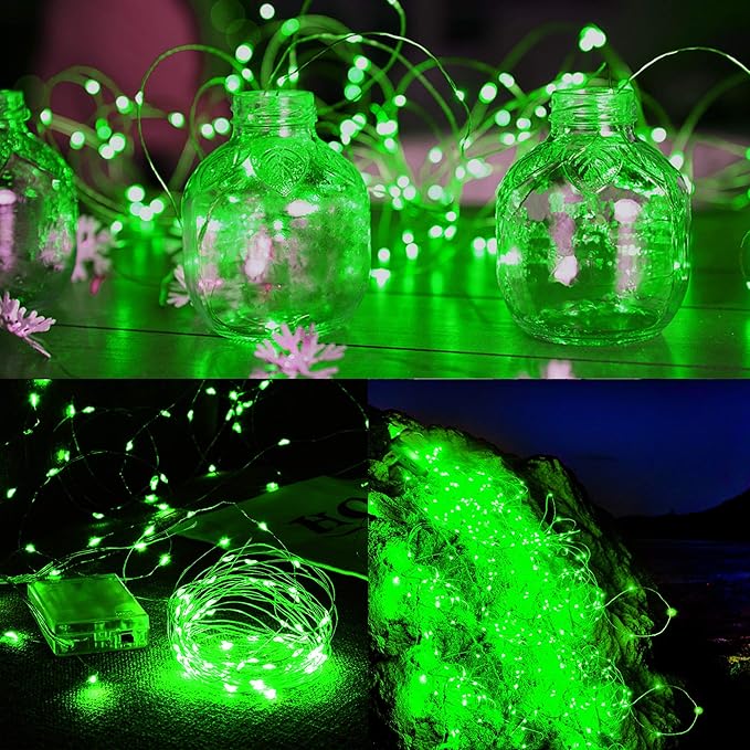 Twinkle Star 33FT 100 LED Silver Wire String Lights, St Patricks Day Fairy Lights Battery Operated LED String Lights for Christmas Wedding Party Home Holiday Decoration, Green