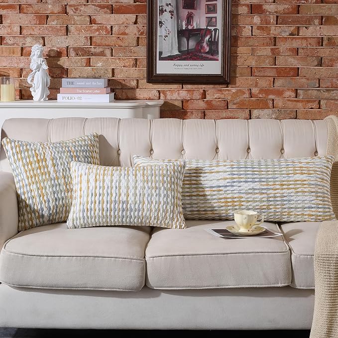 Boho Chenille Pillow Cover Decorative Tufted Pillowcase for Couch Bed Sofa Bedroom Living Room Modern 12 x 20-Inch Grey