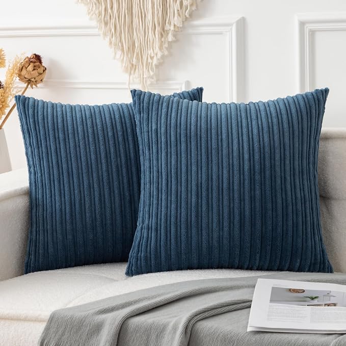 UGASA Velvet 24x24 Inch Soft Throw Pillow Covers Decorative Corduroy Striped Both Sides Solid Square Cushion Cases Boho Farmhouse for Couch Bedroom Sofa Home, Pack of 2, New-Dusty Blue