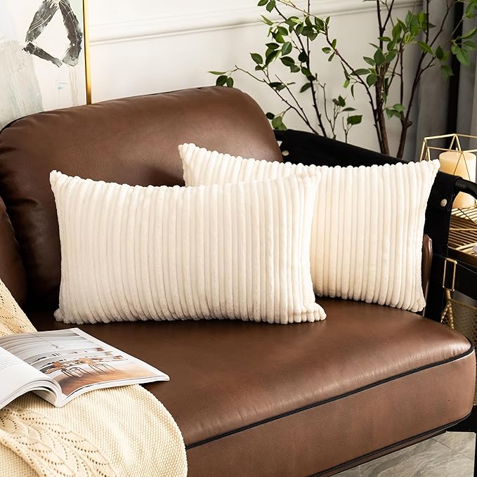 UGASA Pack of 2, Velvet Pillow Covers Striped, Soft Textured Throw Cushion Case Set, Accent Corduroy Lumbar Pillowcases with Hidden Zipper for Home Decor Indoor Outdoor (12"x20", Cream)