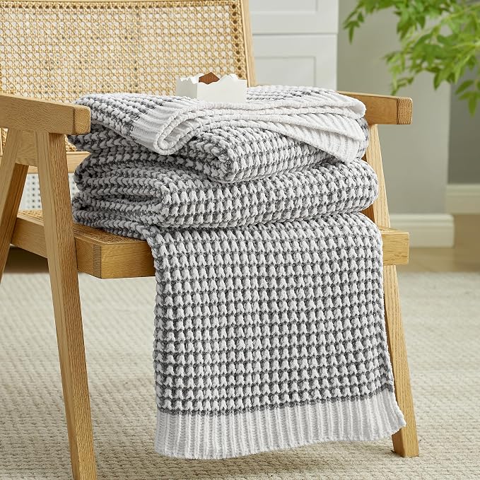 Knit Throw Blanket, Soft Chenille Cozy Breathable Pineapple Chunky Decorative Blanket for Couch, Bed & Sofa, French-Inspired Lightweight Warm Gift for Women, Gray, 60"x80"