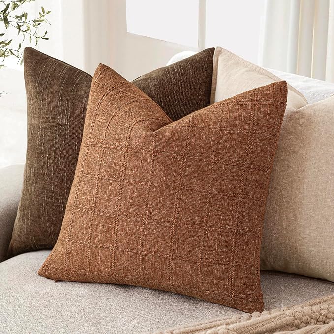 Foindtower Set of 2 Decorative Linen Check Throw Pillow Covers Neutral Farmhouse Vintage Cushion Covers Modern Boho Home Decor for Sofa Chair Couch Bedroom Living Room,26×26 Inch,Orange