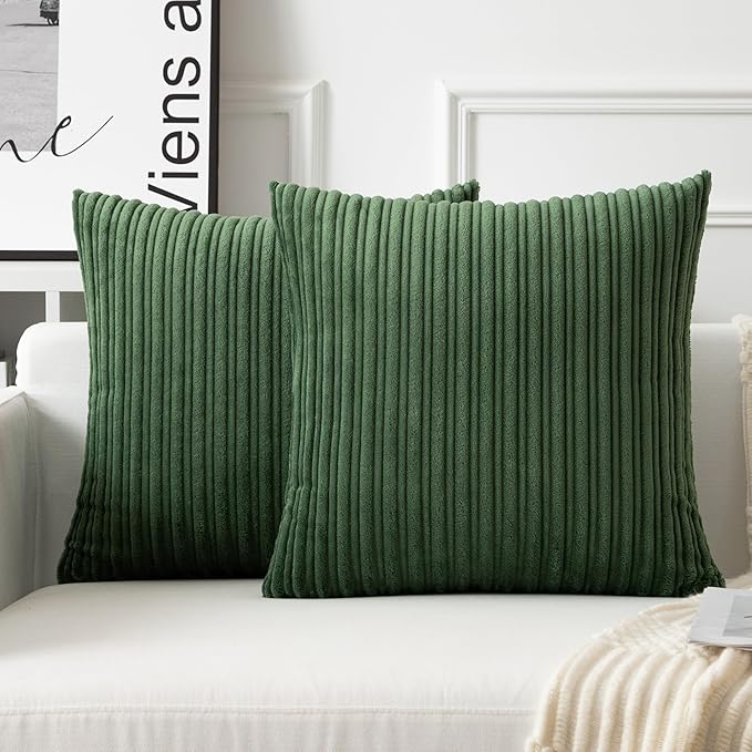 UGASA Velvet 18x18 Inch Soft Throw Pillow Covers Decorative Corduroy Striped Both Sides Solid Square Cushion Cases Boho Farmhouse for Couch Bedroom Sofa Home, Pack of 2, Moss Green