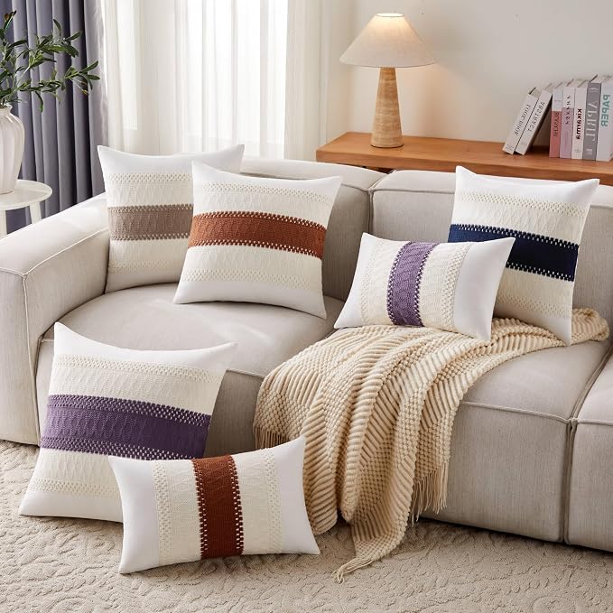 2pk Boho Pillow Covers 22x22, Natural White/Contrast/Cocoa Brown | 100% Organic Cotton Body, Stripe Embroidery, Farmhouse Decorative Cushion Covers for Sofa Bed Living Room Home Decor