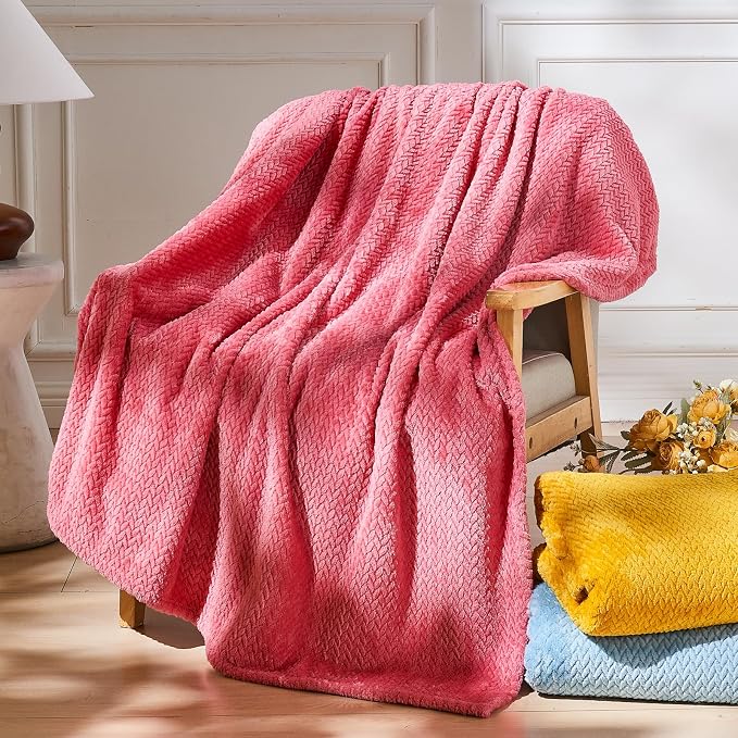 NEWCOSPLAY Fleece Leaves Pattern Throw Blanket, Coral Pink, 50"x60" | Super Soft Throw Blanket, Lightweight Cozy Bed Sofa Blanket, Premium Silky Flannel Fleece, Travel Blanket for All Season Use