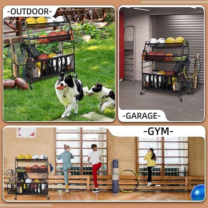 STORAGE MANIAC Ball Storage Bin Rolling Sports Ball Cart, Metal Garage Organizer Sport Rack Basketball Storage Cage for Garage or Gym, Indoor & Outdoor Sports Equipment Organizer