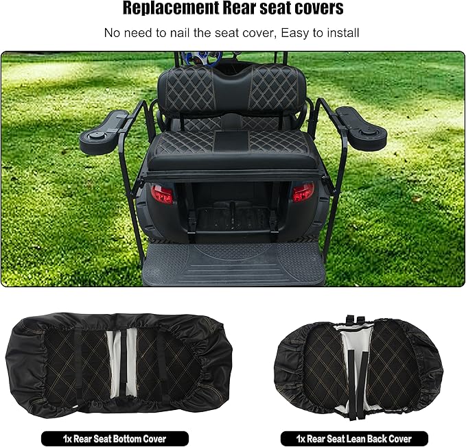 NOKINS Golf Cart Seat Covers Fit Club Car Precedent/DS/EZGO RXV/TXT/Yamaha Drive Aftermarket Standard Rear Seat Cushion, No Stapler, Multiple Colors&Breathable (Black&Brown Stitch)