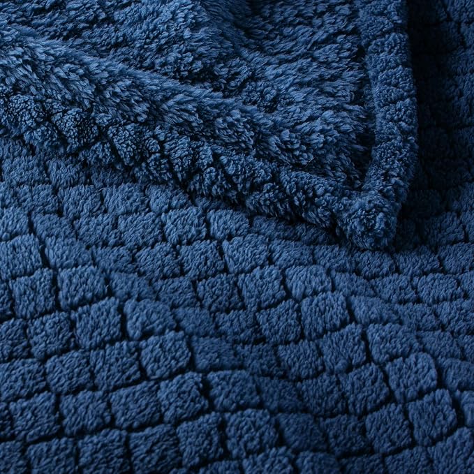 Exclusivo Mezcla Soft Fleece Queen Size Blanket for Bed, Navy Blue | Jacquard Lightweight Cozy Bed Blanket, Breathable Decorative Fuzzy Textured All Season Use, 90x90 Inches