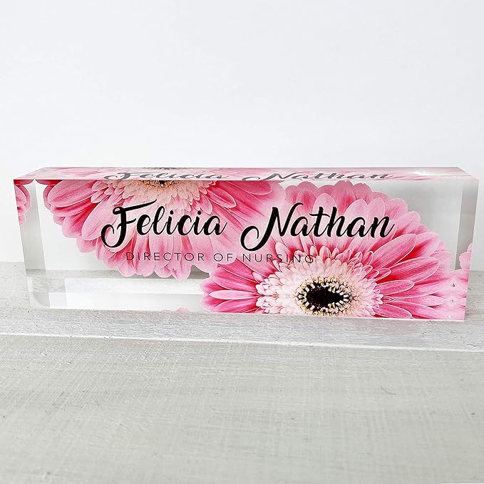 Artblox Office Desk Name Plate Personalized | Custom Name Plates for Desks | Pink Daises Design On Clear Acrylic Glass | Office Desk Decor - (8" x 2.5")