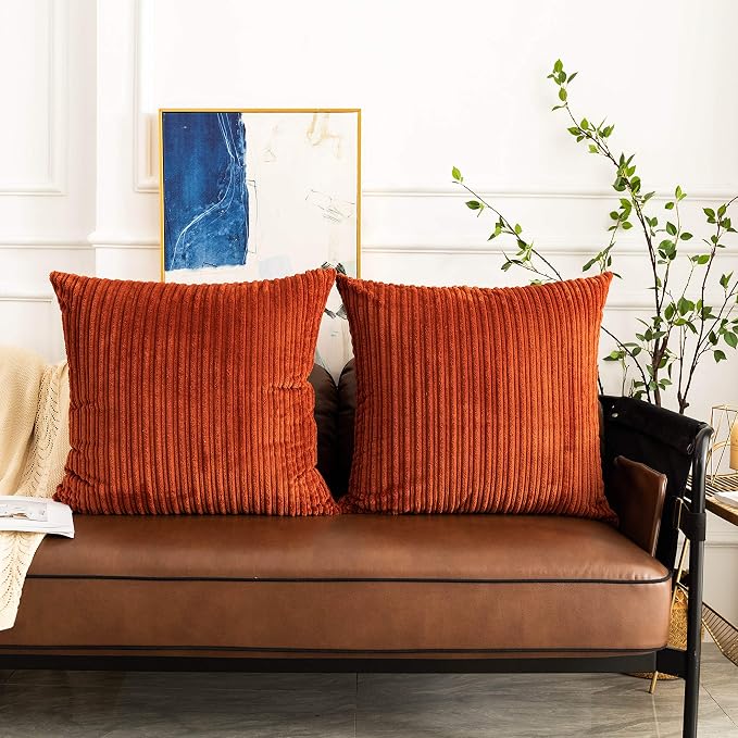 UGASA Fall Decor Super Soft Striped Corduroy Pillow Covers Large Throw Pillow Sham Cushion Cover Living Room, 2 Pcs, 26" x 26" (66cm), Burnt Brick