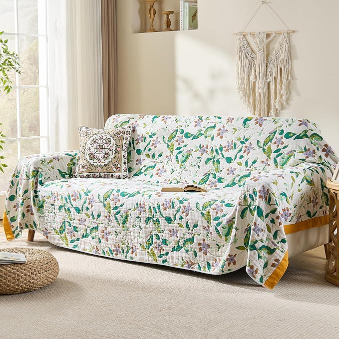 VANJOROY King Boho Throw Blanket, 100% Organic Cotton Breathable Skin-Friendly Ultra Soft 91" x 98" Bed Quilt Throw - Floral Rustic Decor Luxury Reversible Blanket for Sofa Couch Chair and Gift
