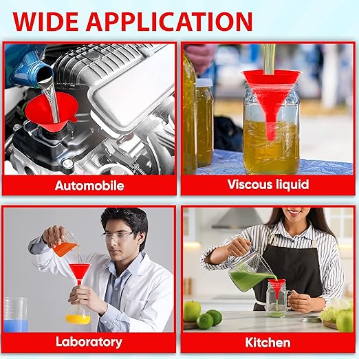 Funnel for Kitchen Use – Red Set in 4 Sizes (122, 101, 76 & 50mm) | Durable, Non-Toxic Food Grade Plastic – Ideal for Filling Bottles, Jars & Containers | Perfect for Kitchen, Garage & Labs