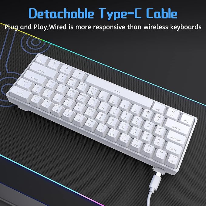 DIERYA 60% Mechanical Keyboard, DK61se Wired Gaming Keyboard with Brown Switches, LED Backlit Ultra-Compact 61 Keys Mini Office Keyboard for Windows Laptop PC Gamer Typist（White）