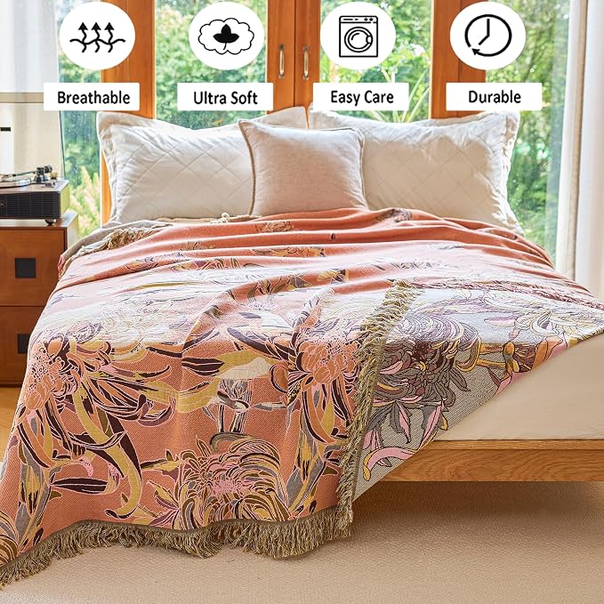 VANJOROY Boho Throw Blanket 60" x 80", 100% Organic Cotton Breathable Skin-Friendly Ultra Soft Bed Quilt Throw - Floral Rustic Decor Luxury Reversible Blanket for Sofa Couch Chair and Gift,