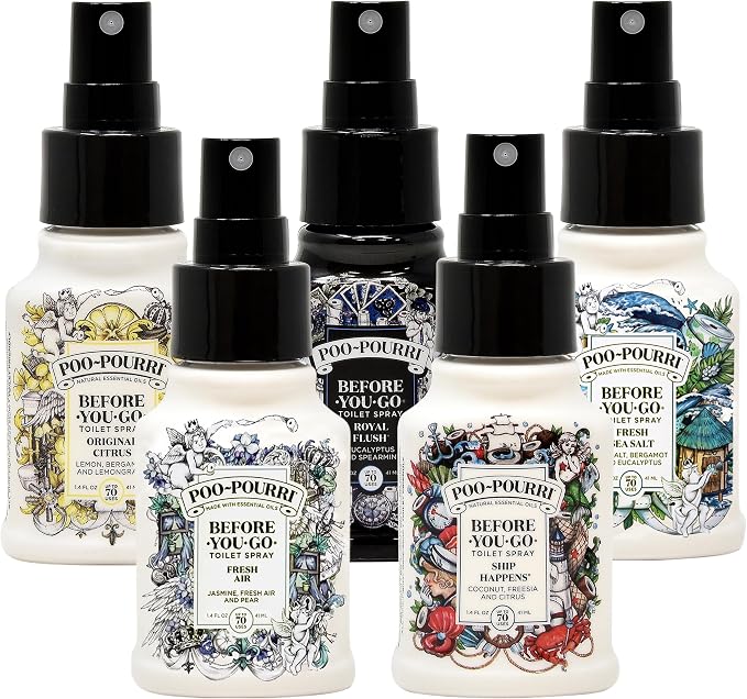 Poo-Pourri Set - Includes Tropical Hibiscus, Lavender, Hollyday Spice and Ship Happens 1.4 Ounce Bottles