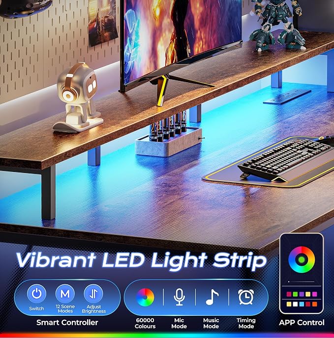 PRAISUN 48 inch Gaming Desk, LED & Outlets, Monitor Stand, Rustic Brown | Sturdy PC Desk for Home Office, Study & Work, LED Lights, 4 AC Outlets & USB-C Charging Station