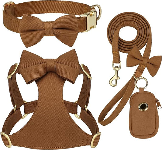 Beirui Adorable Small Dog Harness Collar Leash Set,Cute Puppy Harness with 3 Bows for XS Dogs,Yorkie,Adjustable Step-in Vest for Walking,Parties&Holiday Outfits(Brown,XS)