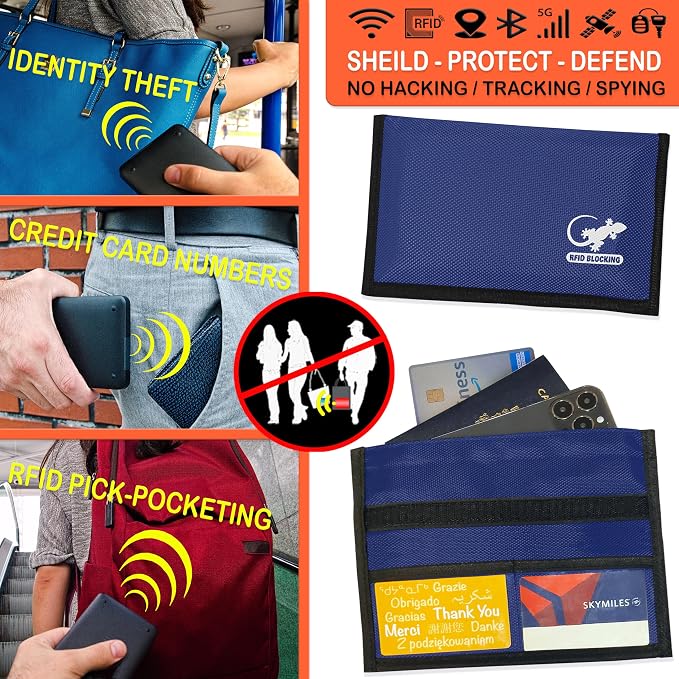Gecko Travel Tech Blue Nylon Faraday Bag - Signal Blocker for Cell Phone, Car Key FOB, Data Privacy (BLUE - NYLON)