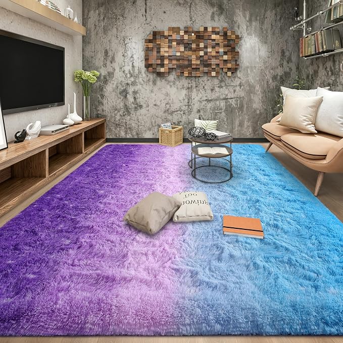 Tepook Soft Fluffy Rugs for Bedroom, 4x6 Area Rug for Living Room, Modern Shaggy Room Rug for Kids Boys Girls, Plush Throw Rugs Indoor Nursery Home Decor Rug with Non-Slip Bottom, Purple and Blue