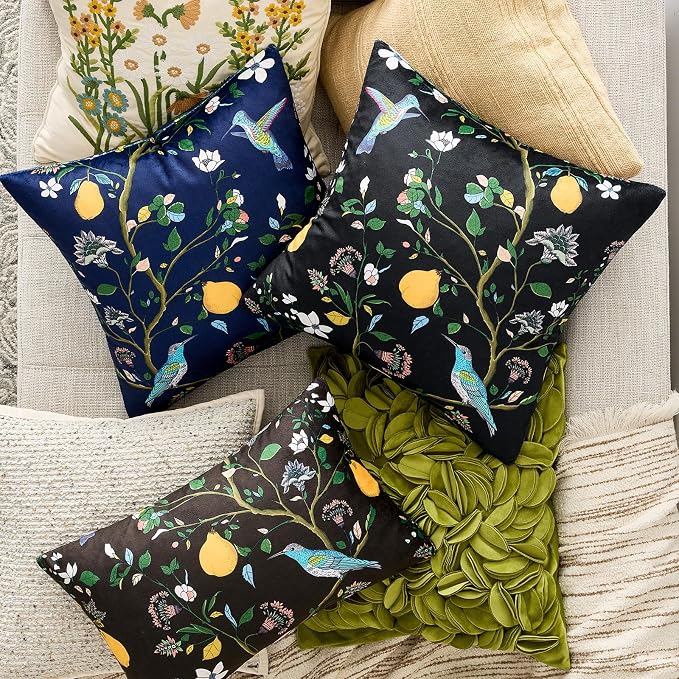 Navy Blue Velvet Floral Decorative 12x20 Lumbar Pillow Covers Set of 2 | Durable and Sturdy,Botanical Printed Pattern,Throw Pillows Case,Rectangle,Colorful Farmhouse,Home Sofa Bed Couch Decor