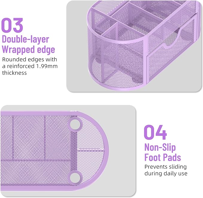 Mesh Desk Organizer with Drawer, 9-Compartment Pen Holder for Desk, Purple | Pull-Out Drawer Stores Pens, Pencils, Clips, Notes, and Small Office or School Supplies in One Compact Desk Caddy